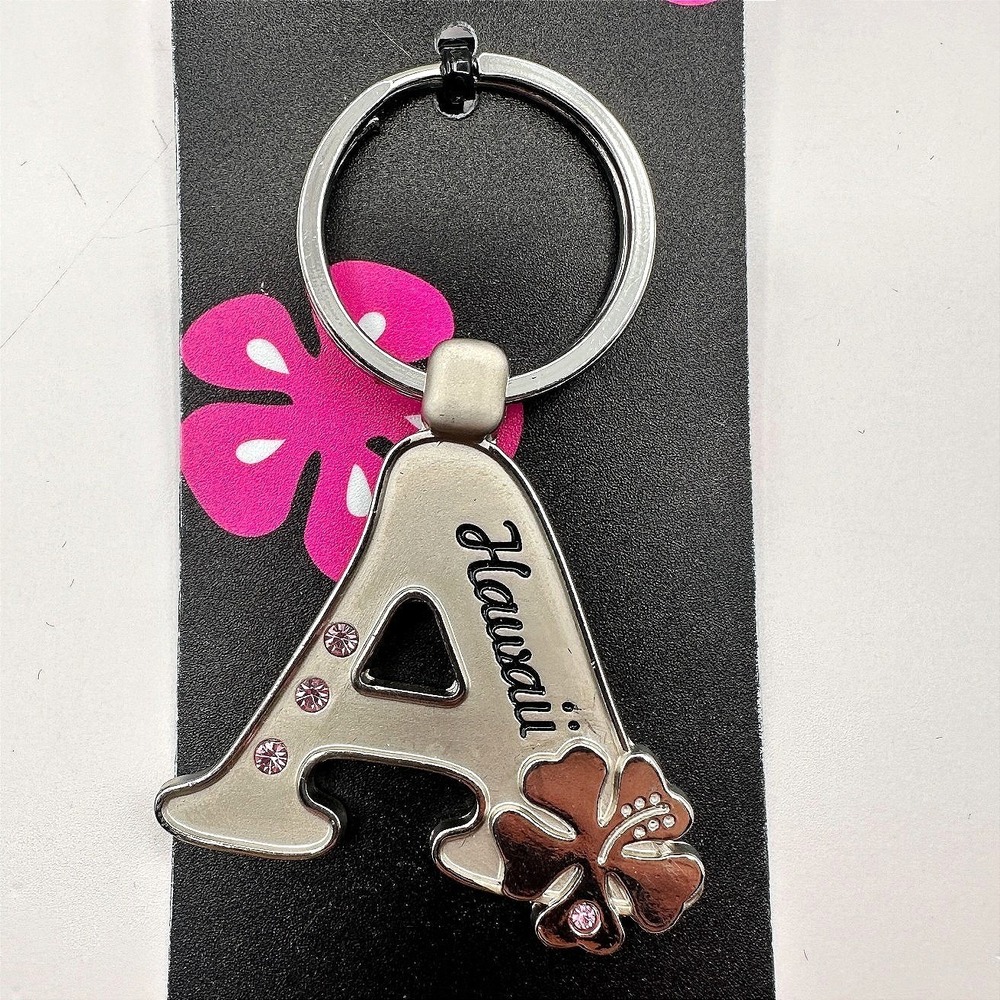 VTG 90s‎ Island Girl Silver Tone Hawaii Initial A Keychain Pink Glass Hibiscus